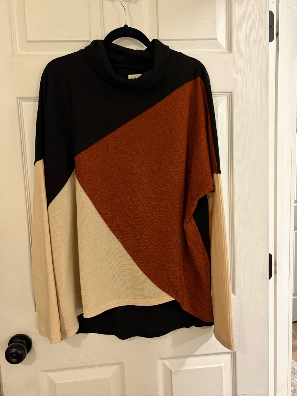 Colorblock Cowl Neck Sweater in Black, Rust & Cream